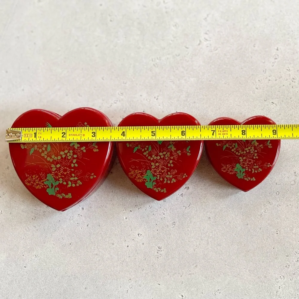 Set of 3 Vintage Red Floral Nesting Heart Shaped Plastic Trinket Boxes